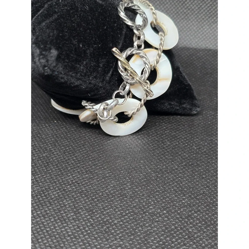 Mother of Pearl Shell Disc Link Bracelet Silver Tone‎ Rope Chain Toggle Clasp